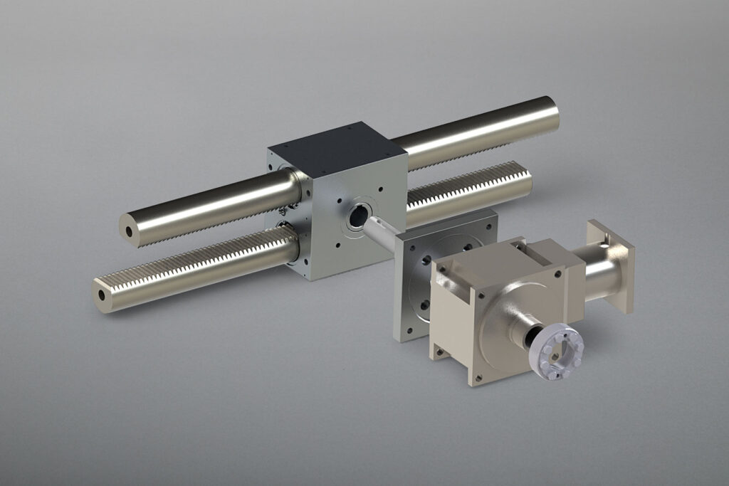 Mit dem Rundzahnstangenheber lassen sich einfache synchrone Hubbewegungen umsetzen. Das System aus Zahnstange und Ritzelwelle wandelt Linear- in Rotationsbewegung um und umgekehrt.